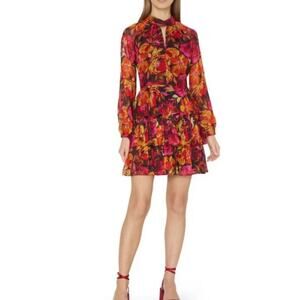 Milly Iyla Autumn Foliage Floral Tiered Mini Dress Long Sleeve Size 0